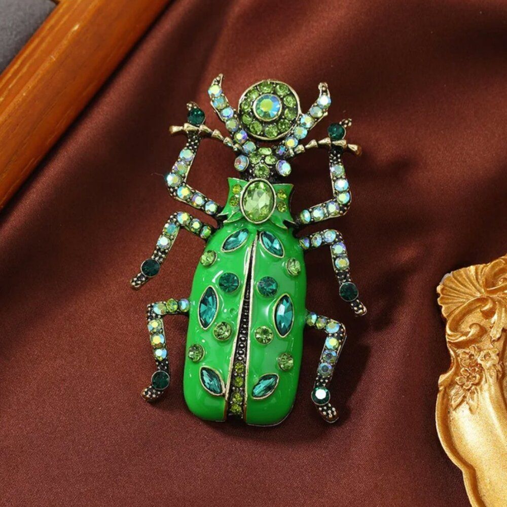 Green Rhinestone Beetle Brooch Pin Crystal Insect Statement Jewelry Large Bug Pi